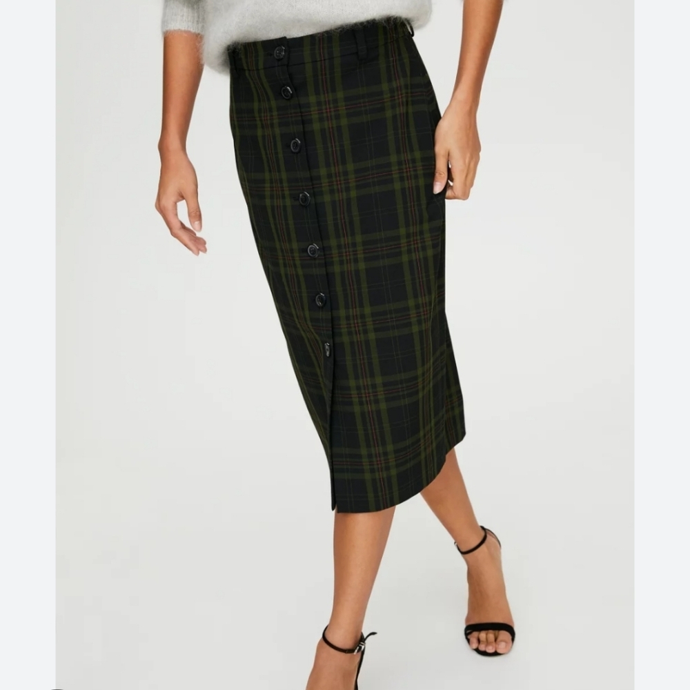 Wilfred Aritzia Leona Button-Front Plaid Midi Skirt Size 2 Preppy Academia Fall - Picture 2 of 10